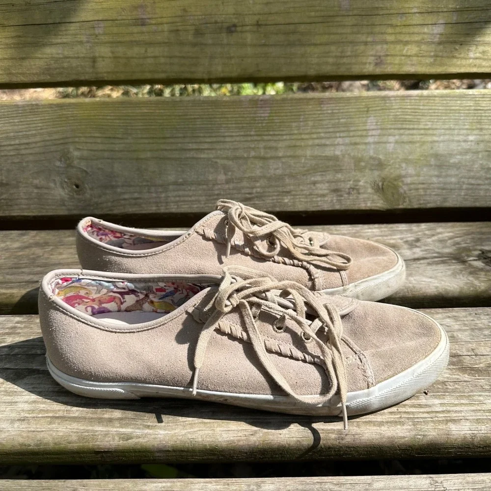 Jack Rogers Carter Tan‎ Suede Whipstitch Lace Up Sneakers Floral Boho Size 11
